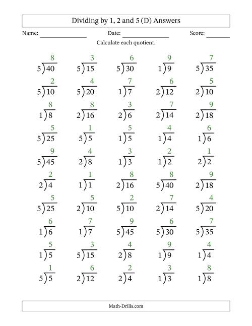 The Division Facts by a Fixed Divisor (1, 2 and 5) and Quotients from 1 to 9 with Long Division Symbol/Bracket (50 questions) (D) Math Worksheet Page 2