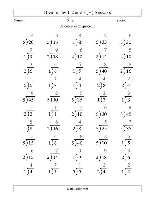 The Division Facts by a Fixed Divisor (1, 2 and 5) and Quotients from 1 to 9 with Long Division Symbol/Bracket (50 questions) (H) Math Worksheet Page 2