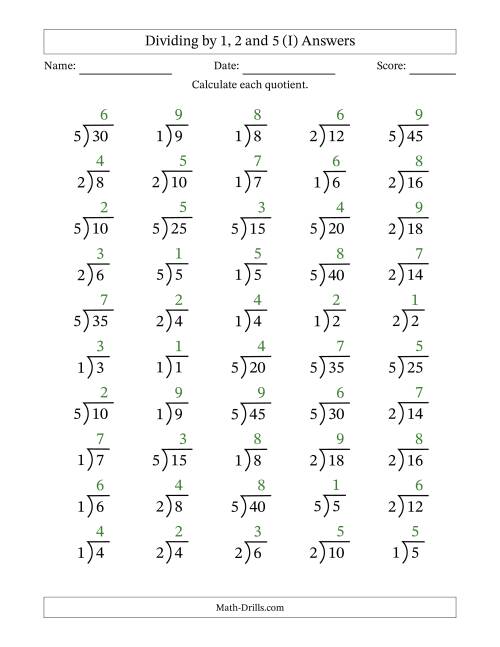 The Division Facts by a Fixed Divisor (1, 2 and 5) and Quotients from 1 to 9 with Long Division Symbol/Bracket (50 questions) (I) Math Worksheet Page 2