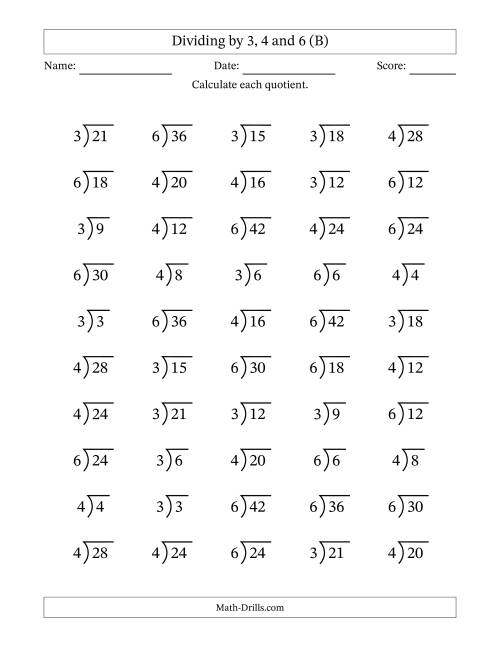 The Division Facts by a Fixed Divisor (3, 4 and 6) and Quotients from 1 to 7 with Long Division Symbol/Bracket (50 questions) (B) Math Worksheet