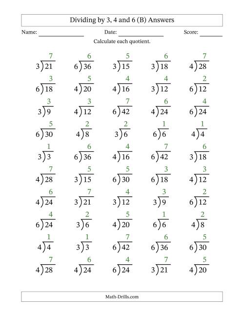 The Division Facts by a Fixed Divisor (3, 4 and 6) and Quotients from 1 to 7 with Long Division Symbol/Bracket (50 questions) (B) Math Worksheet Page 2