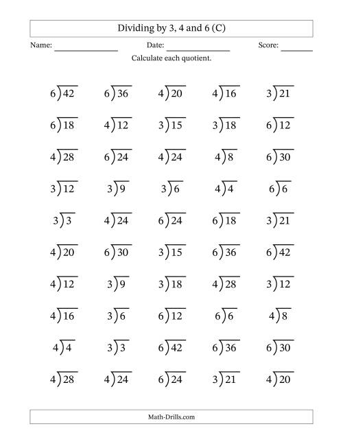 The Division Facts by a Fixed Divisor (3, 4 and 6) and Quotients from 1 to 7 with Long Division Symbol/Bracket (50 questions) (C) Math Worksheet