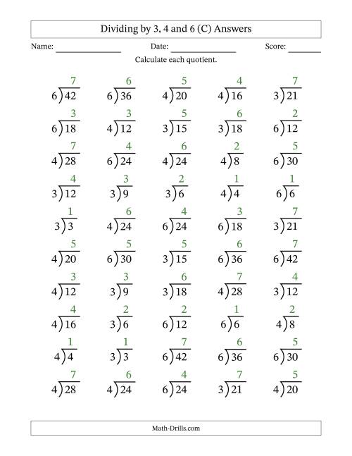 The Division Facts by a Fixed Divisor (3, 4 and 6) and Quotients from 1 to 7 with Long Division Symbol/Bracket (50 questions) (C) Math Worksheet Page 2