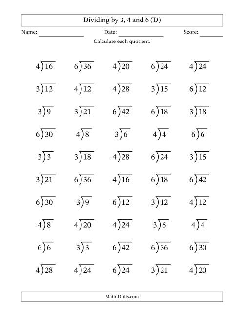 The Division Facts by a Fixed Divisor (3, 4 and 6) and Quotients from 1 to 7 with Long Division Symbol/Bracket (50 questions) (D) Math Worksheet