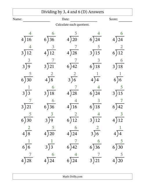 The Division Facts by a Fixed Divisor (3, 4 and 6) and Quotients from 1 to 7 with Long Division Symbol/Bracket (50 questions) (D) Math Worksheet Page 2