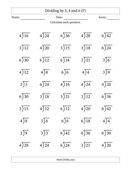 The Division Facts by a Fixed Divisor (3, 4 and 6) and Quotients from 1 to 7 with Long Division Symbol/Bracket (50 questions) (F) Math Worksheet