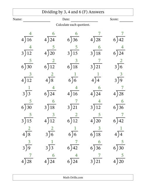 The Division Facts by a Fixed Divisor (3, 4 and 6) and Quotients from 1 to 7 with Long Division Symbol/Bracket (50 questions) (F) Math Worksheet Page 2