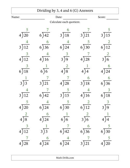 The Division Facts by a Fixed Divisor (3, 4 and 6) and Quotients from 1 to 7 with Long Division Symbol/Bracket (50 questions) (G) Math Worksheet Page 2