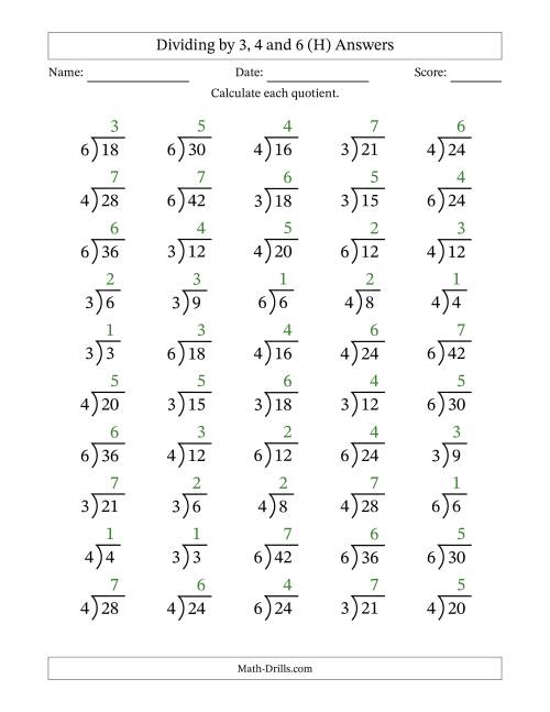 The Division Facts by a Fixed Divisor (3, 4 and 6) and Quotients from 1 to 7 with Long Division Symbol/Bracket (50 questions) (H) Math Worksheet Page 2