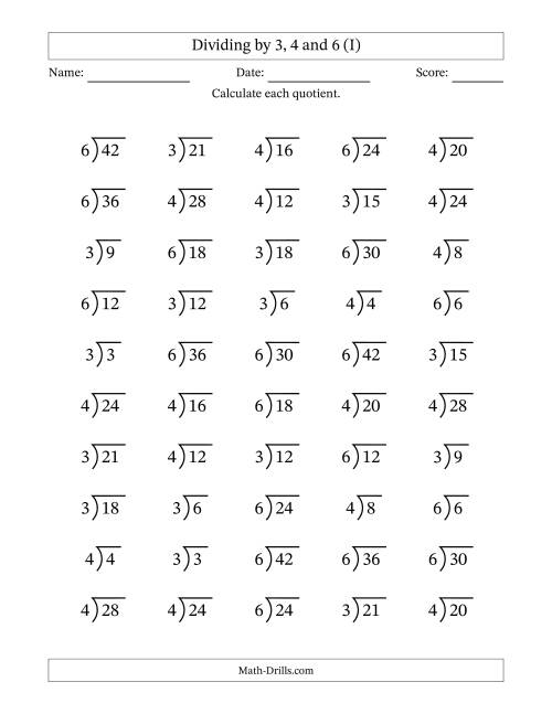 The Division Facts by a Fixed Divisor (3, 4 and 6) and Quotients from 1 to 7 with Long Division Symbol/Bracket (50 questions) (I) Math Worksheet