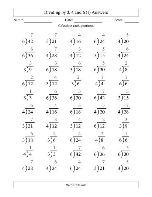 The Division Facts by a Fixed Divisor (3, 4 and 6) and Quotients from 1 to 7 with Long Division Symbol/Bracket (50 questions) (I) Math Worksheet Page 2