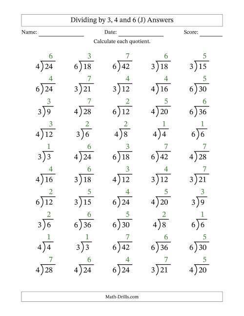 The Division Facts by a Fixed Divisor (3, 4 and 6) and Quotients from 1 to 7 with Long Division Symbol/Bracket (50 questions) (J) Math Worksheet Page 2