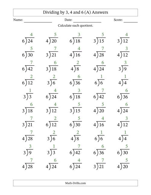 The Division Facts by a Fixed Divisor (3, 4 and 6) and Quotients from 1 to 7 with Long Division Symbol/Bracket (50 questions) (All) Math Worksheet Page 2