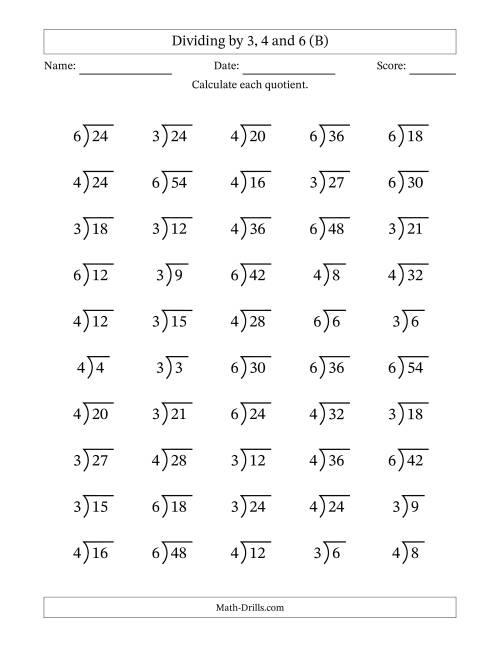 The Division Facts by a Fixed Divisor (3, 4 and 6) and Quotients from 1 to 9 with Long Division Symbol/Bracket (50 questions) (B) Math Worksheet