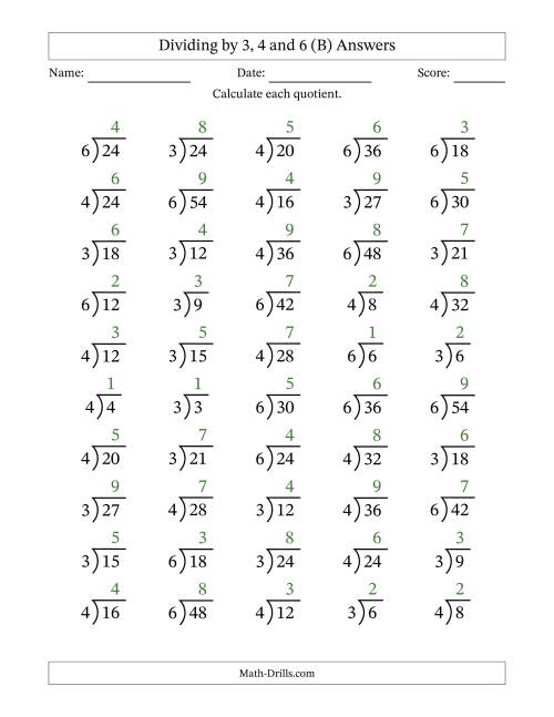 The Division Facts by a Fixed Divisor (3, 4 and 6) and Quotients from 1 to 9 with Long Division Symbol/Bracket (50 questions) (B) Math Worksheet Page 2