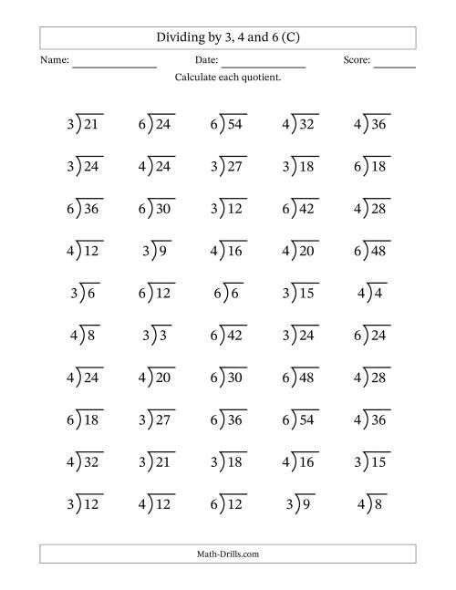 The Division Facts by a Fixed Divisor (3, 4 and 6) and Quotients from 1 to 9 with Long Division Symbol/Bracket (50 questions) (C) Math Worksheet