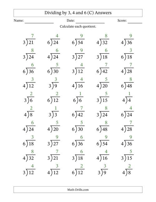 The Division Facts by a Fixed Divisor (3, 4 and 6) and Quotients from 1 to 9 with Long Division Symbol/Bracket (50 questions) (C) Math Worksheet Page 2