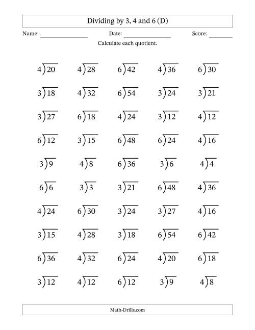 The Division Facts by a Fixed Divisor (3, 4 and 6) and Quotients from 1 to 9 with Long Division Symbol/Bracket (50 questions) (D) Math Worksheet
