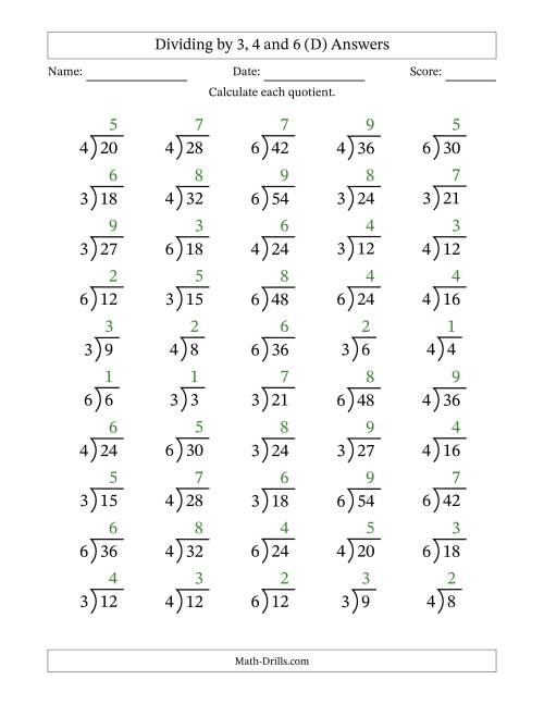 The Division Facts by a Fixed Divisor (3, 4 and 6) and Quotients from 1 to 9 with Long Division Symbol/Bracket (50 questions) (D) Math Worksheet Page 2