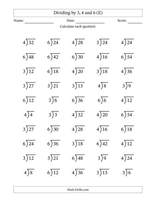The Division Facts by a Fixed Divisor (3, 4 and 6) and Quotients from 1 to 9 with Long Division Symbol/Bracket (50 questions) (E) Math Worksheet