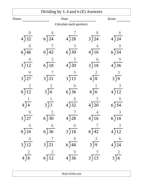 The Division Facts by a Fixed Divisor (3, 4 and 6) and Quotients from 1 to 9 with Long Division Symbol/Bracket (50 questions) (E) Math Worksheet Page 2