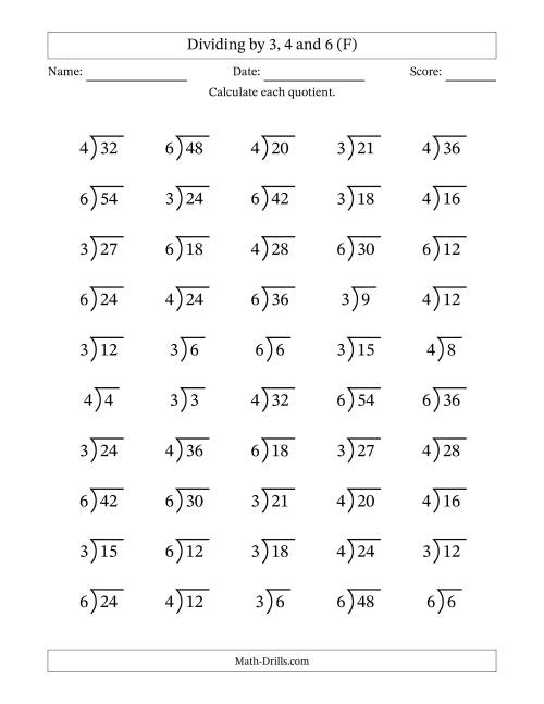 The Division Facts by a Fixed Divisor (3, 4 and 6) and Quotients from 1 to 9 with Long Division Symbol/Bracket (50 questions) (F) Math Worksheet