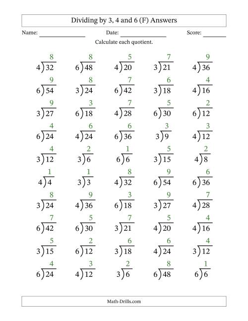 The Division Facts by a Fixed Divisor (3, 4 and 6) and Quotients from 1 to 9 with Long Division Symbol/Bracket (50 questions) (F) Math Worksheet Page 2