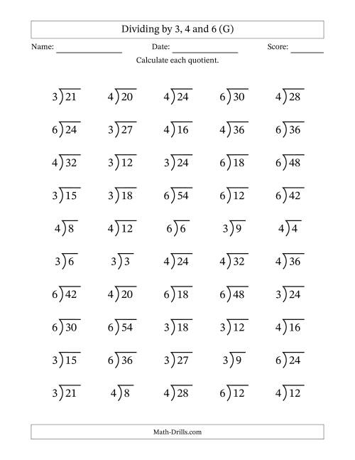 The Division Facts by a Fixed Divisor (3, 4 and 6) and Quotients from 1 to 9 with Long Division Symbol/Bracket (50 questions) (G) Math Worksheet