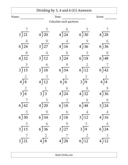 The Division Facts by a Fixed Divisor (3, 4 and 6) and Quotients from 1 to 9 with Long Division Symbol/Bracket (50 questions) (G) Math Worksheet Page 2