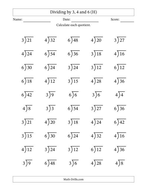The Division Facts by a Fixed Divisor (3, 4 and 6) and Quotients from 1 to 9 with Long Division Symbol/Bracket (50 questions) (H) Math Worksheet