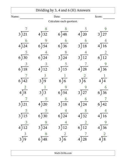 The Division Facts by a Fixed Divisor (3, 4 and 6) and Quotients from 1 to 9 with Long Division Symbol/Bracket (50 questions) (H) Math Worksheet Page 2