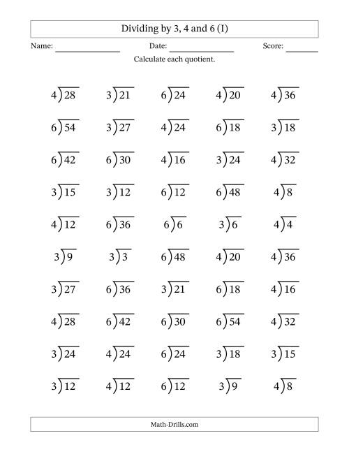 The Division Facts by a Fixed Divisor (3, 4 and 6) and Quotients from 1 to 9 with Long Division Symbol/Bracket (50 questions) (I) Math Worksheet