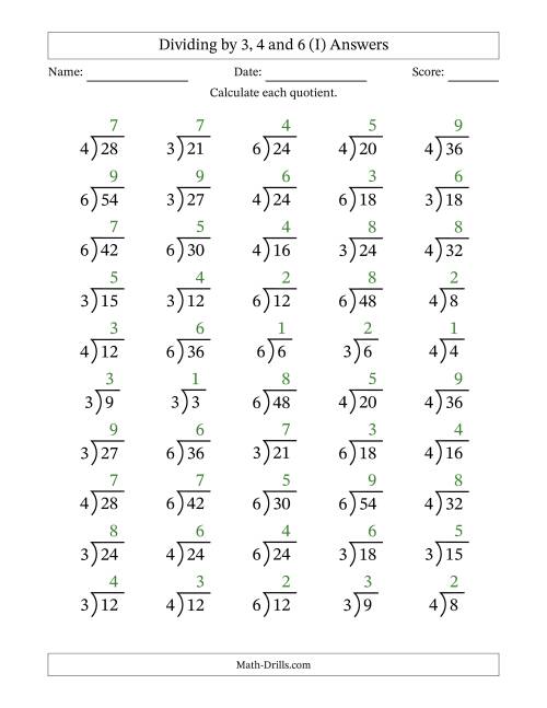 The Division Facts by a Fixed Divisor (3, 4 and 6) and Quotients from 1 to 9 with Long Division Symbol/Bracket (50 questions) (I) Math Worksheet Page 2