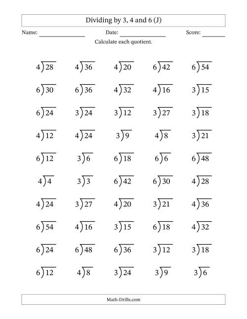 The Division Facts by a Fixed Divisor (3, 4 and 6) and Quotients from 1 to 9 with Long Division Symbol/Bracket (50 questions) (J) Math Worksheet