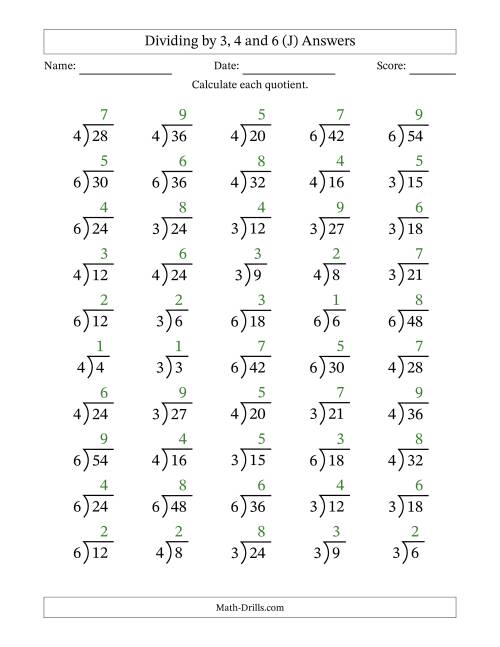 The Division Facts by a Fixed Divisor (3, 4 and 6) and Quotients from 1 to 9 with Long Division Symbol/Bracket (50 questions) (J) Math Worksheet Page 2