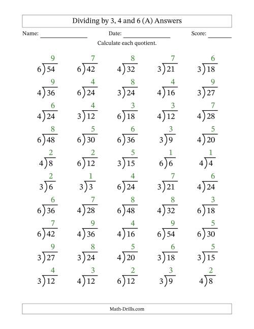 The Division Facts by a Fixed Divisor (3, 4 and 6) and Quotients from 1 to 9 with Long Division Symbol/Bracket (50 questions) (All) Math Worksheet Page 2