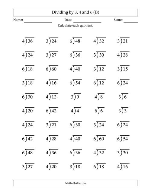 The Division Facts by a Fixed Divisor (3, 4 and 6) and Quotients from 1 to 10 with Long Division Symbol/Bracket (50 questions) (B) Math Worksheet