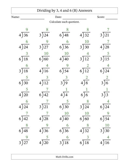 The Division Facts by a Fixed Divisor (3, 4 and 6) and Quotients from 1 to 10 with Long Division Symbol/Bracket (50 questions) (B) Math Worksheet Page 2