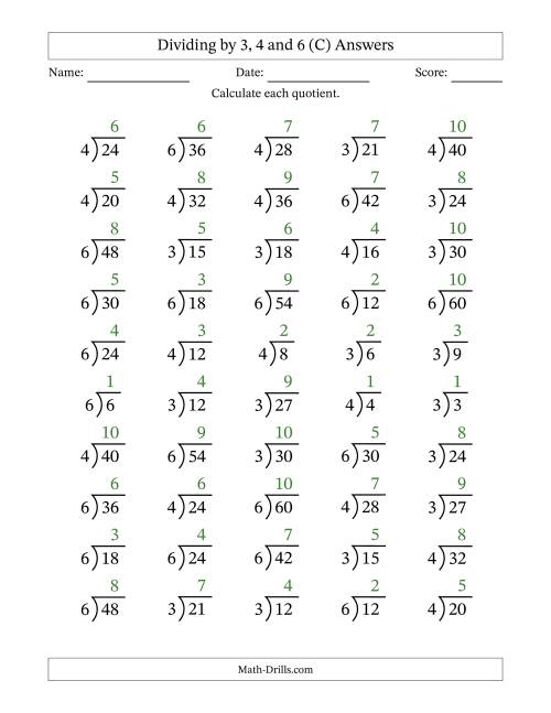 The Division Facts by a Fixed Divisor (3, 4 and 6) and Quotients from 1 to 10 with Long Division Symbol/Bracket (50 questions) (C) Math Worksheet Page 2