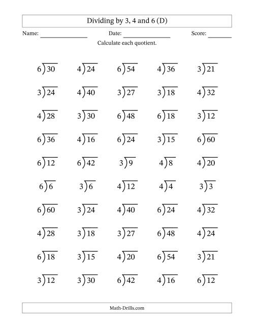 The Division Facts by a Fixed Divisor (3, 4 and 6) and Quotients from 1 to 10 with Long Division Symbol/Bracket (50 questions) (D) Math Worksheet