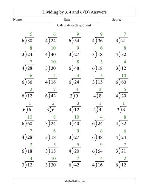The Division Facts by a Fixed Divisor (3, 4 and 6) and Quotients from 1 to 10 with Long Division Symbol/Bracket (50 questions) (D) Math Worksheet Page 2