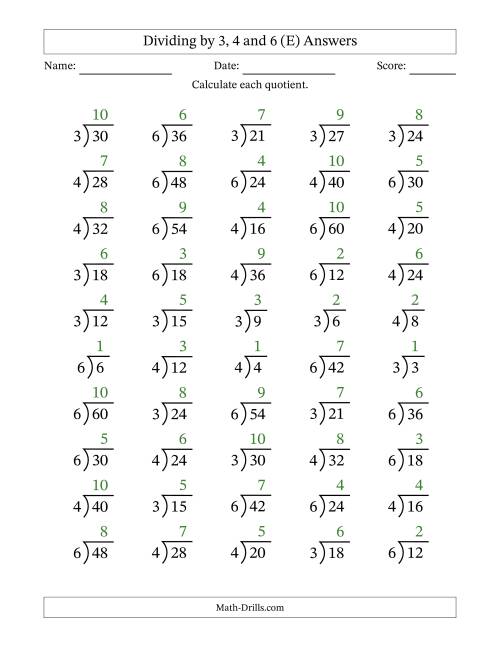 The Division Facts by a Fixed Divisor (3, 4 and 6) and Quotients from 1 to 10 with Long Division Symbol/Bracket (50 questions) (E) Math Worksheet Page 2