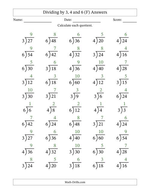 The Division Facts by a Fixed Divisor (3, 4 and 6) and Quotients from 1 to 10 with Long Division Symbol/Bracket (50 questions) (F) Math Worksheet Page 2
