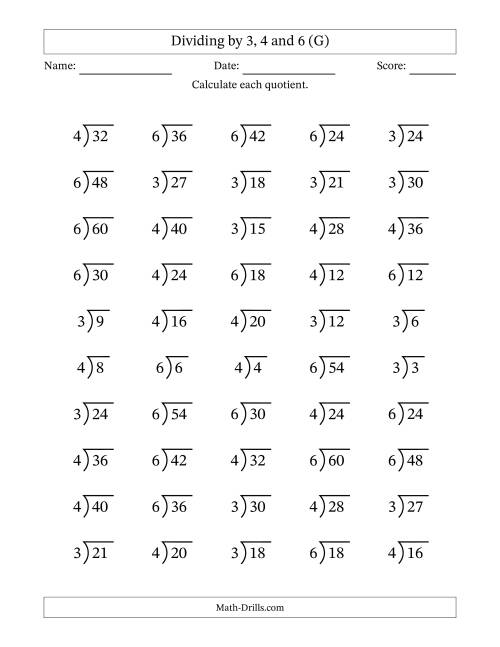 The Division Facts by a Fixed Divisor (3, 4 and 6) and Quotients from 1 to 10 with Long Division Symbol/Bracket (50 questions) (G) Math Worksheet