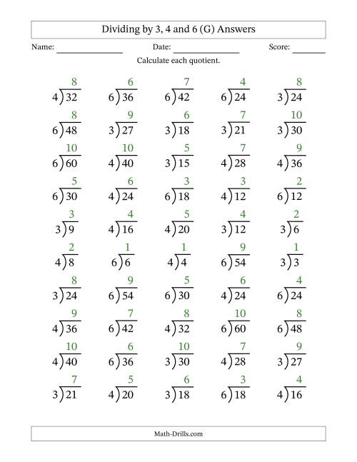 The Division Facts by a Fixed Divisor (3, 4 and 6) and Quotients from 1 to 10 with Long Division Symbol/Bracket (50 questions) (G) Math Worksheet Page 2