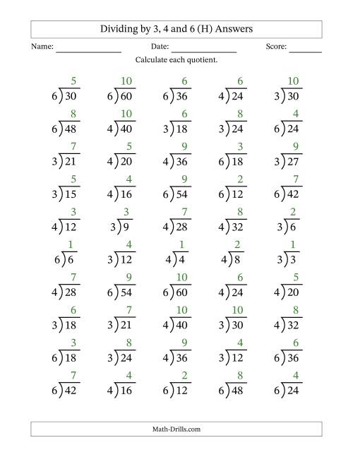 The Division Facts by a Fixed Divisor (3, 4 and 6) and Quotients from 1 to 10 with Long Division Symbol/Bracket (50 questions) (H) Math Worksheet Page 2
