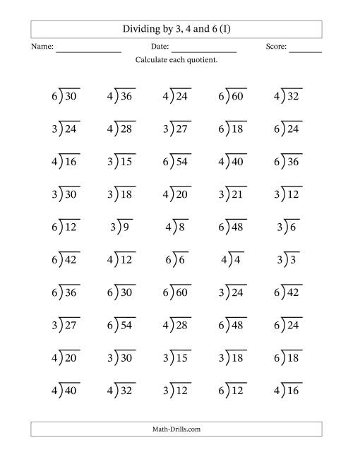 The Division Facts by a Fixed Divisor (3, 4 and 6) and Quotients from 1 to 10 with Long Division Symbol/Bracket (50 questions) (I) Math Worksheet