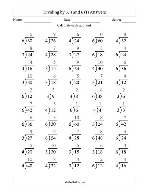 The Division Facts by a Fixed Divisor (3, 4 and 6) and Quotients from 1 to 10 with Long Division Symbol/Bracket (50 questions) (I) Math Worksheet Page 2