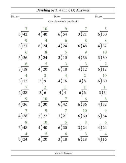 The Division Facts by a Fixed Divisor (3, 4 and 6) and Quotients from 1 to 10 with Long Division Symbol/Bracket (50 questions) (J) Math Worksheet Page 2