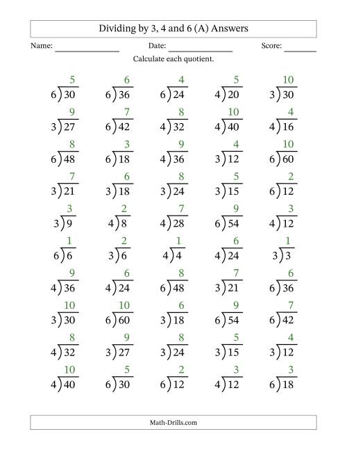 The Division Facts by a Fixed Divisor (3, 4 and 6) and Quotients from 1 to 10 with Long Division Symbol/Bracket (50 questions) (All) Math Worksheet Page 2